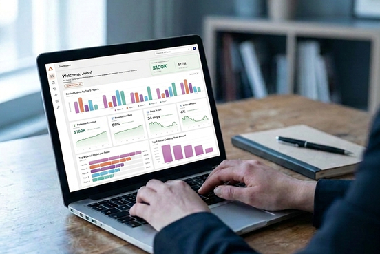 Computer displaying healthcare workflow dashboards